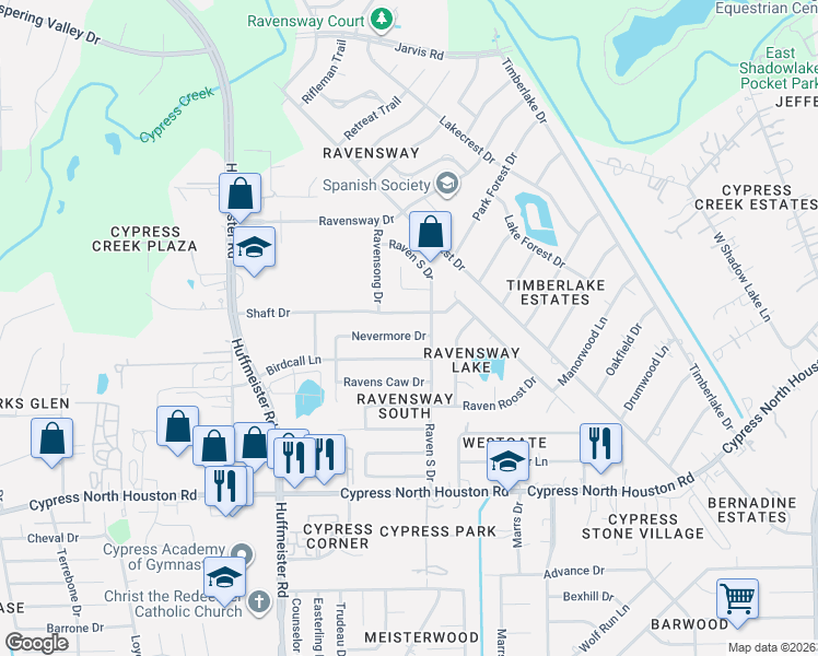 map of restaurants, bars, coffee shops, grocery stores, and more near 13307 Shaft Drive in Cypress