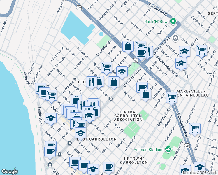 map of restaurants, bars, coffee shops, grocery stores, and more near Cohn Street in New Orleans