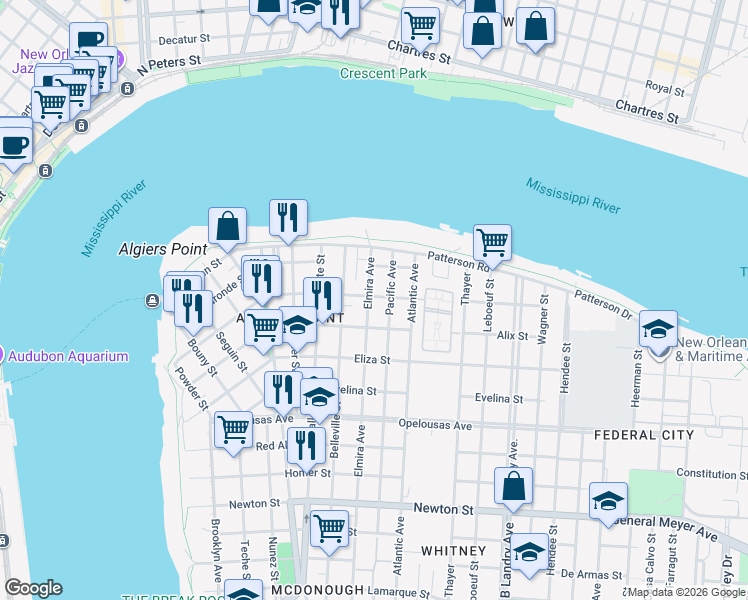 map of restaurants, bars, coffee shops, grocery stores, and more near 276 Elmira Avenue in New Orleans