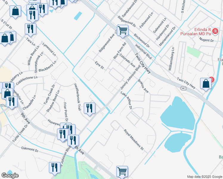 map of restaurants, bars, coffee shops, grocery stores, and more near 4585 Jimmy Johnson Boulevard in Port Arthur