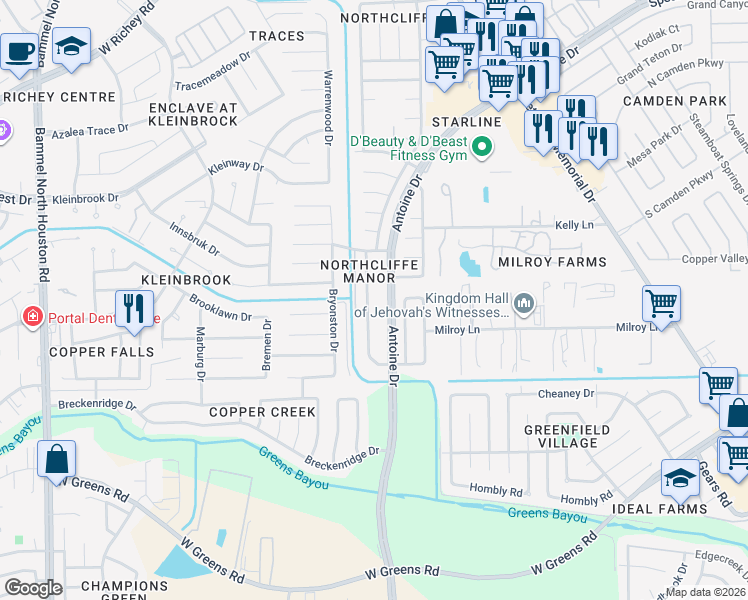 map of restaurants, bars, coffee shops, grocery stores, and more near 11742 Boxhill Drive in Houston