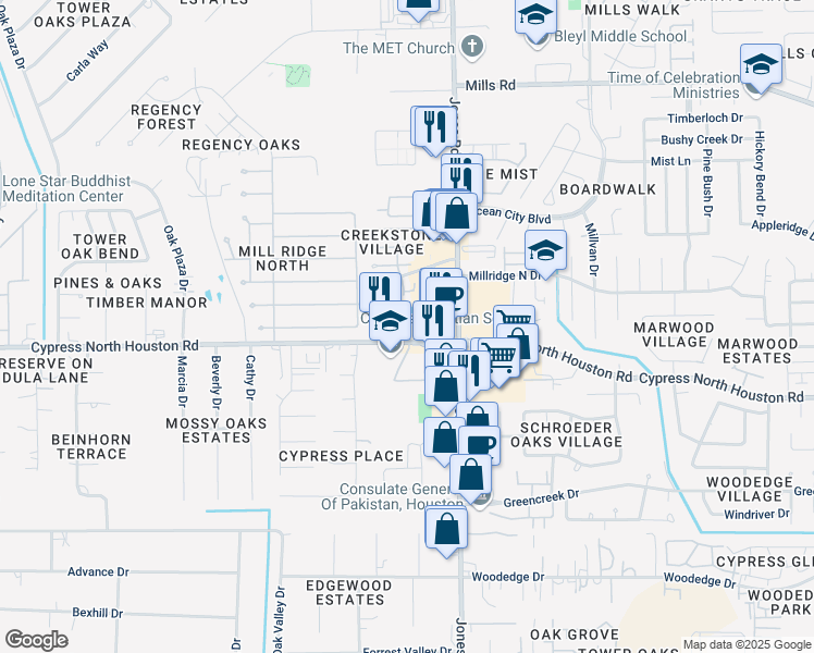 map of restaurants, bars, coffee shops, grocery stores, and more near 11118 Cypress North Houston Road in Houston