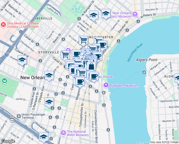 map of restaurants, bars, coffee shops, grocery stores, and more near in New Orleans