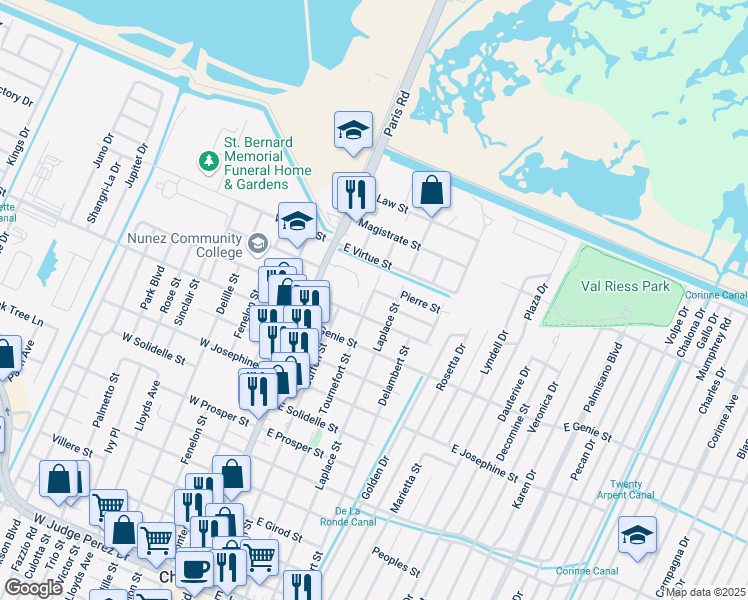 map of restaurants, bars, coffee shops, grocery stores, and more near 3715 Tournefort Street in Chalmette