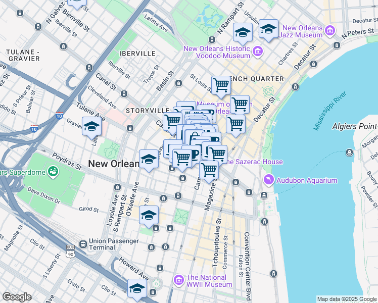 map of restaurants, bars, coffee shops, grocery stores, and more near 700 Canal Street in New Orleans
