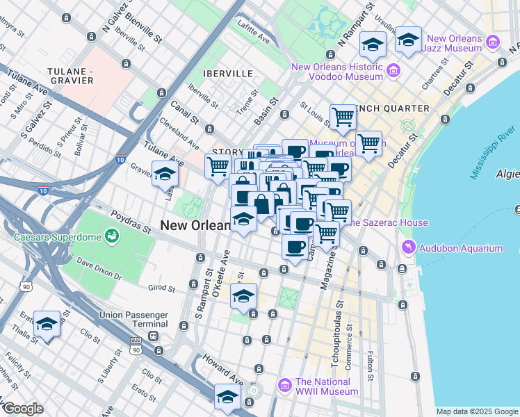 map of restaurants, bars, coffee shops, grocery stores, and more near 817 Common Street in New Orleans