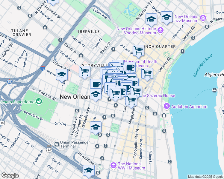 map of restaurants, bars, coffee shops, grocery stores, and more near 800 Canal Street in New Orleans