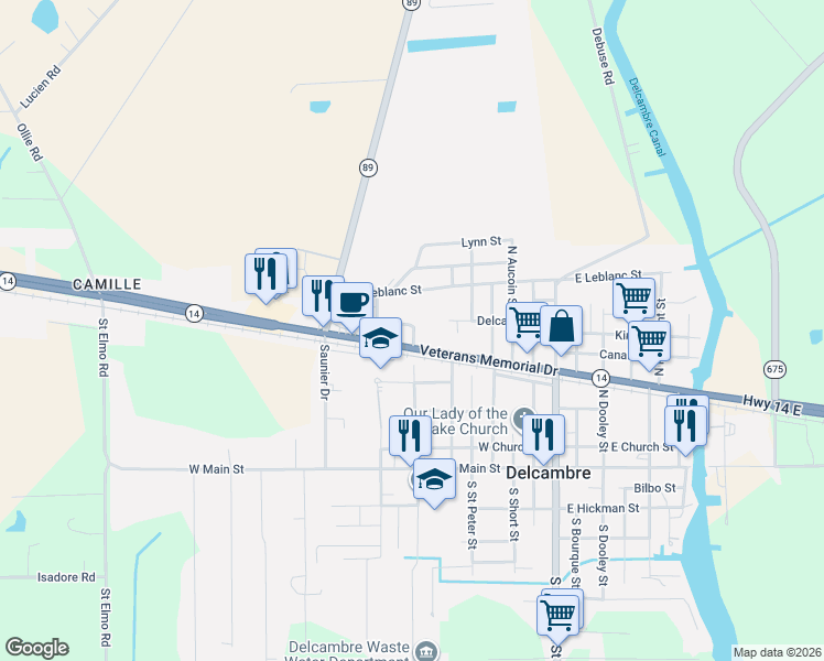 map of restaurants, bars, coffee shops, grocery stores, and more near 701 Francois Street in Delcambre