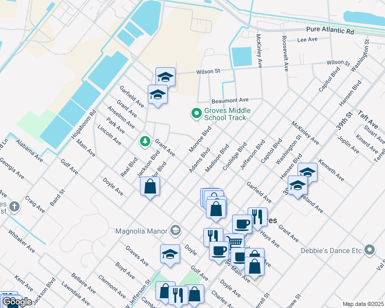 map of restaurants, bars, coffee shops, grocery stores, and more near 6398 Monroe Street in Groves