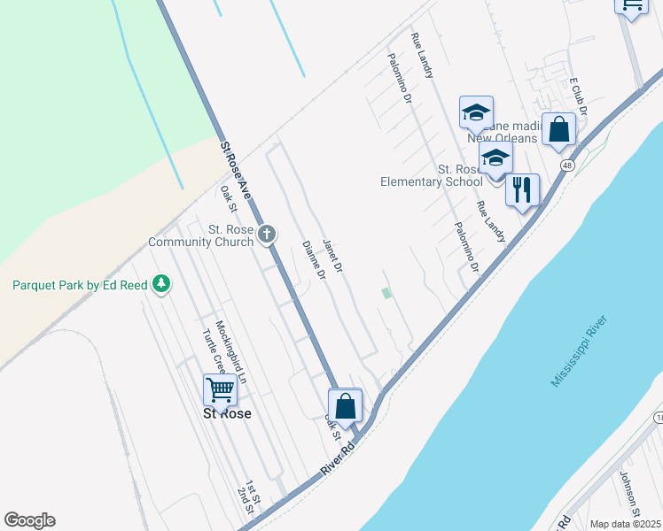 map of restaurants, bars, coffee shops, grocery stores, and more near 176 Janet Drive in Saint Rose