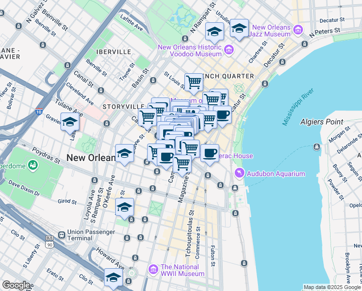 map of restaurants, bars, coffee shops, grocery stores, and more near 141 Chartres Street in New Orleans