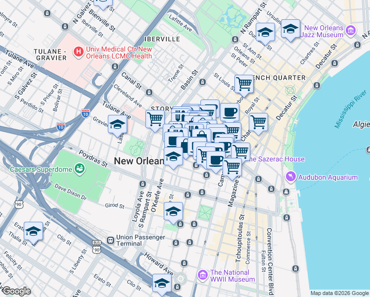 map of restaurants, bars, coffee shops, grocery stores, and more near 817 Common Street in New Orleans