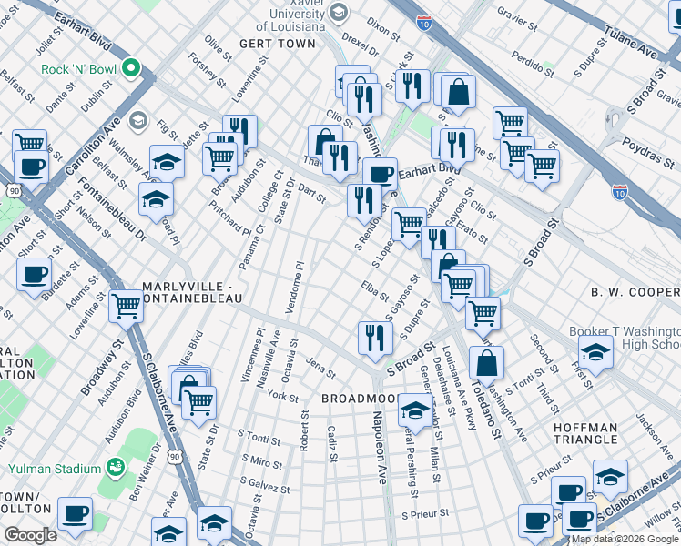 map of restaurants, bars, coffee shops, grocery stores, and more near 4520 Elba Street in New Orleans