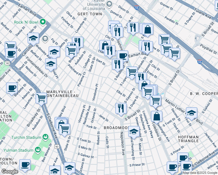map of restaurants, bars, coffee shops, grocery stores, and more near 4520 Elba Street in New Orleans