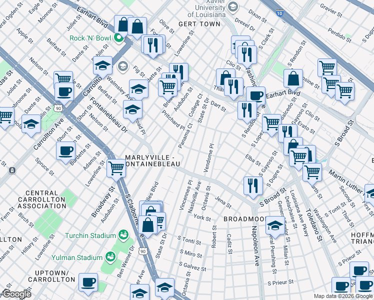 map of restaurants, bars, coffee shops, grocery stores, and more near 4117 State Street Drive in New Orleans