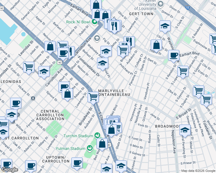 map of restaurants, bars, coffee shops, grocery stores, and more near 2525 Broadway Street in New Orleans