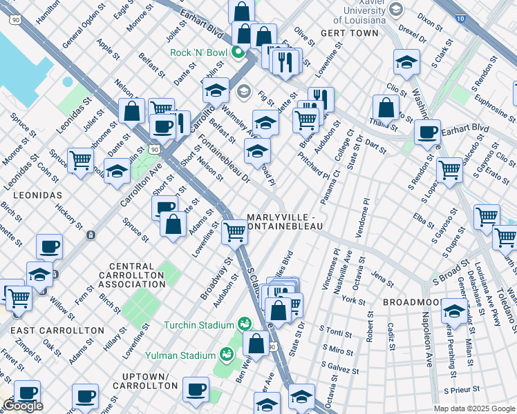 map of restaurants, bars, coffee shops, grocery stores, and more near 2525 Broadway Street in New Orleans