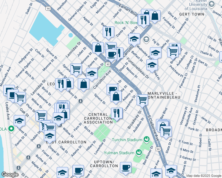 map of restaurants, bars, coffee shops, grocery stores, and more near 2239 Fern Street in New Orleans