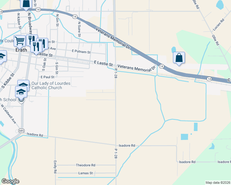 map of restaurants, bars, coffee shops, grocery stores, and more near 130 Kim Drive in Erath