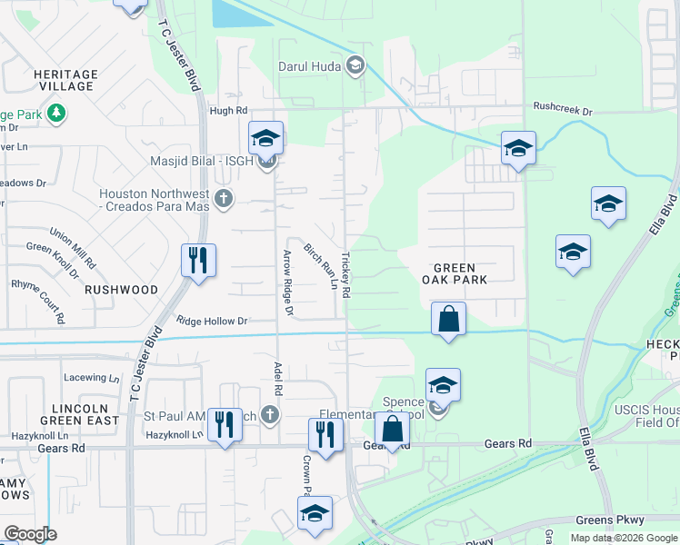 map of restaurants, bars, coffee shops, grocery stores, and more near 11703 Apple Bough Circle in Houston