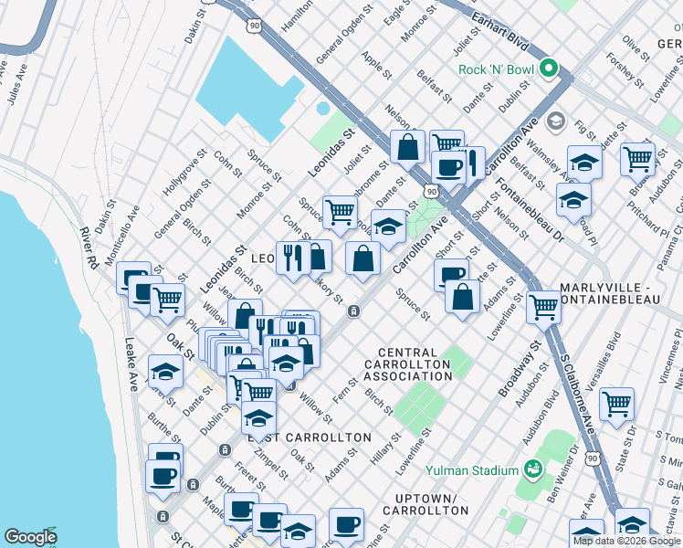 map of restaurants, bars, coffee shops, grocery stores, and more near 1838 Dublin Street in New Orleans