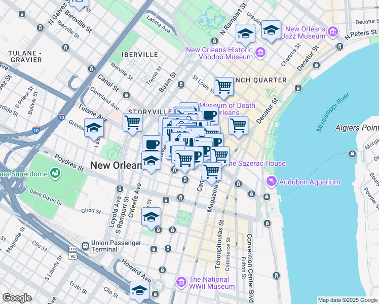 map of restaurants, bars, coffee shops, grocery stores, and more near 718 Canal Street in New Orleans