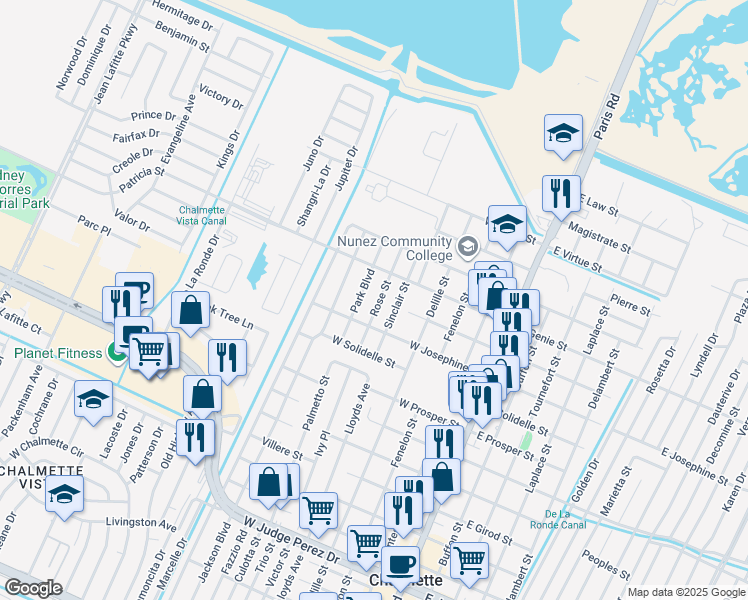 map of restaurants, bars, coffee shops, grocery stores, and more near 3504 Park Boulevard in Chalmette