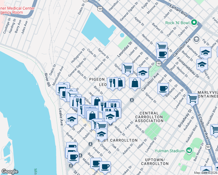 map of restaurants, bars, coffee shops, grocery stores, and more near 1701 Joliet Street in New Orleans