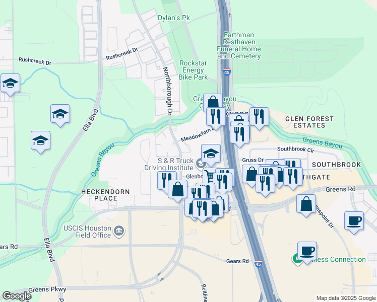 map of restaurants, bars, coffee shops, grocery stores, and more near 12700 Northborough Drive in Houston