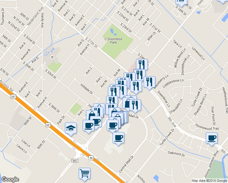 map of restaurants, bars, coffee shops, grocery stores, and more near 3015 Ave O in Nederland