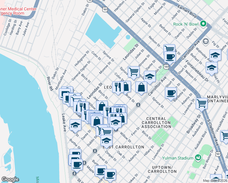 map of restaurants, bars, coffee shops, grocery stores, and more near 1701 Joliet Street in New Orleans