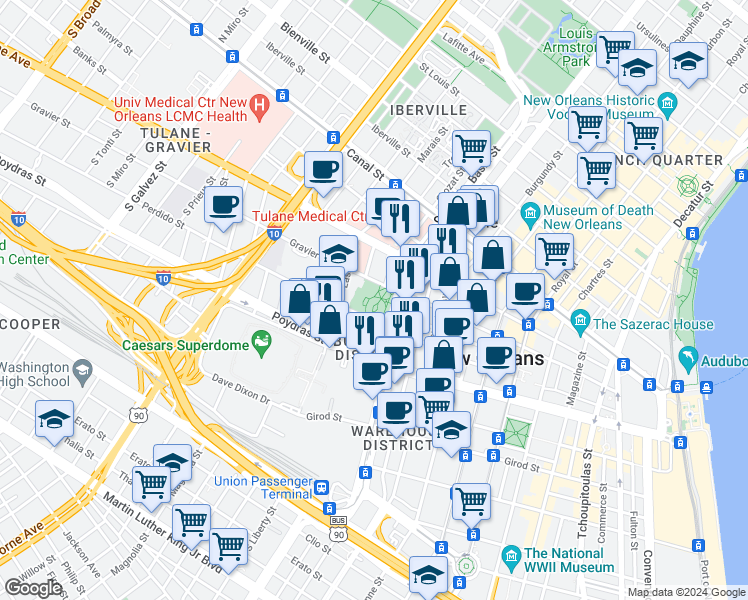 map of restaurants, bars, coffee shops, grocery stores, and more near 343-349 Loyola Avenue in New Orleans