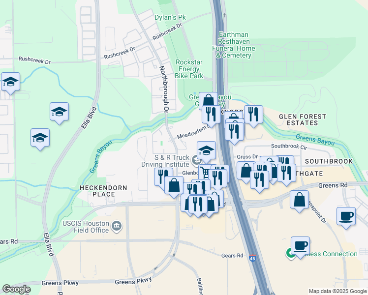 map of restaurants, bars, coffee shops, grocery stores, and more near 12700 Northborough Drive in Houston