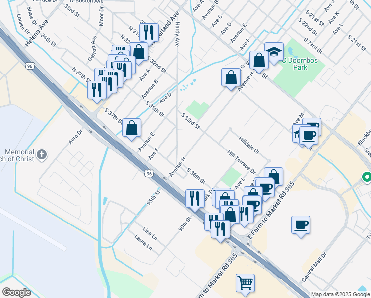 map of restaurants, bars, coffee shops, grocery stores, and more near 3510 Avenue H in Nederland