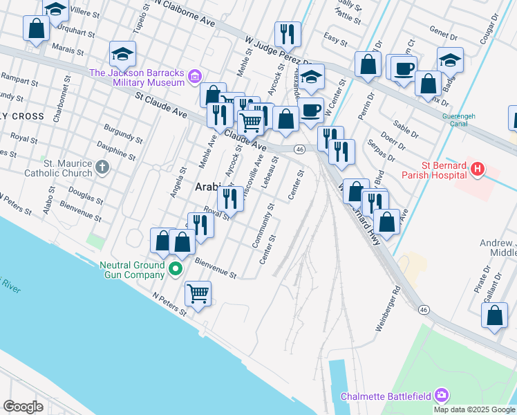 map of restaurants, bars, coffee shops, grocery stores, and more near 812 Community Street in Arabi