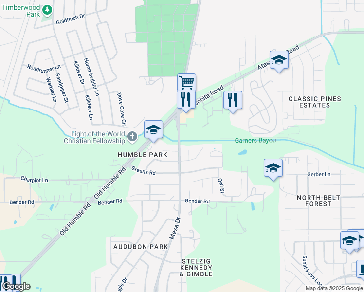 map of restaurants, bars, coffee shops, grocery stores, and more near 16126 Mesa Drive in Humble