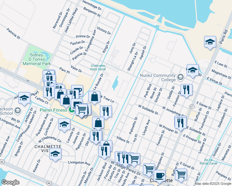 map of restaurants, bars, coffee shops, grocery stores, and more near 3324 Shangri-La Drive in Chalmette