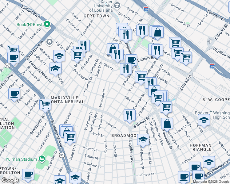 map of restaurants, bars, coffee shops, grocery stores, and more near 4520 Elba Street in New Orleans