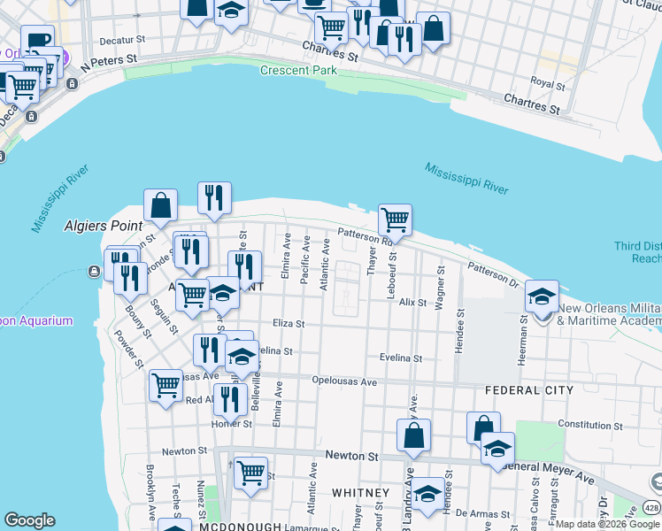 map of restaurants, bars, coffee shops, grocery stores, and more near 231 Atlantic Avenue in New Orleans