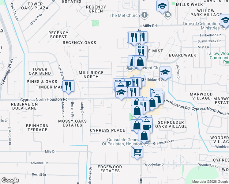 map of restaurants, bars, coffee shops, grocery stores, and more near 11203 Sunshine Park Drive in Cypress