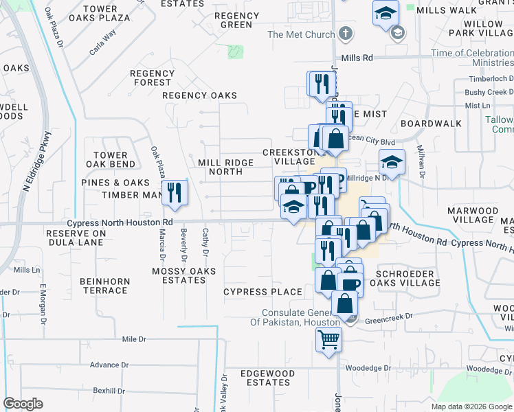 map of restaurants, bars, coffee shops, grocery stores, and more near 11227 Sunshine Park Drive in Cypress