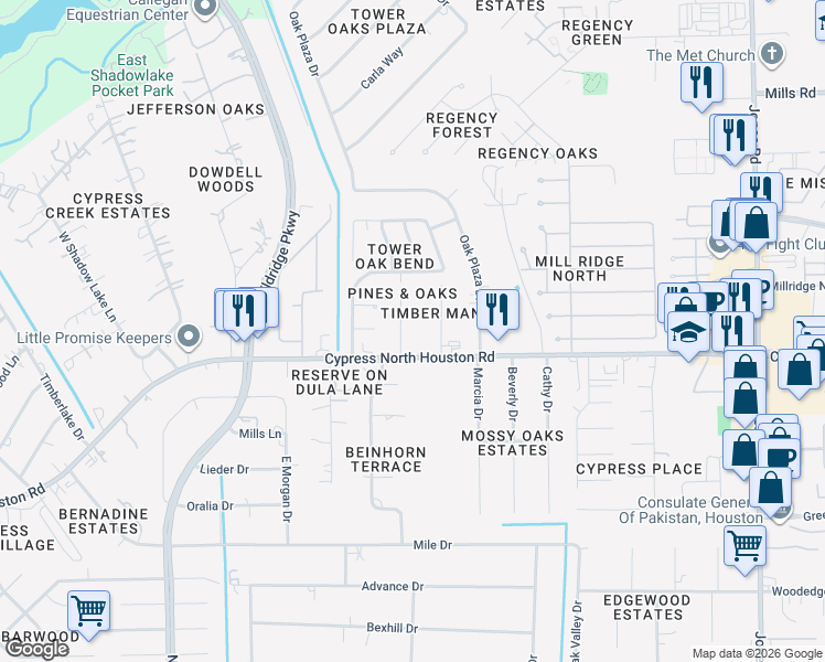 map of restaurants, bars, coffee shops, grocery stores, and more near 12403 Timber Manor Drive in Cypress