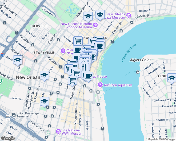 map of restaurants, bars, coffee shops, grocery stores, and more near 400 Bienville Street in New Orleans