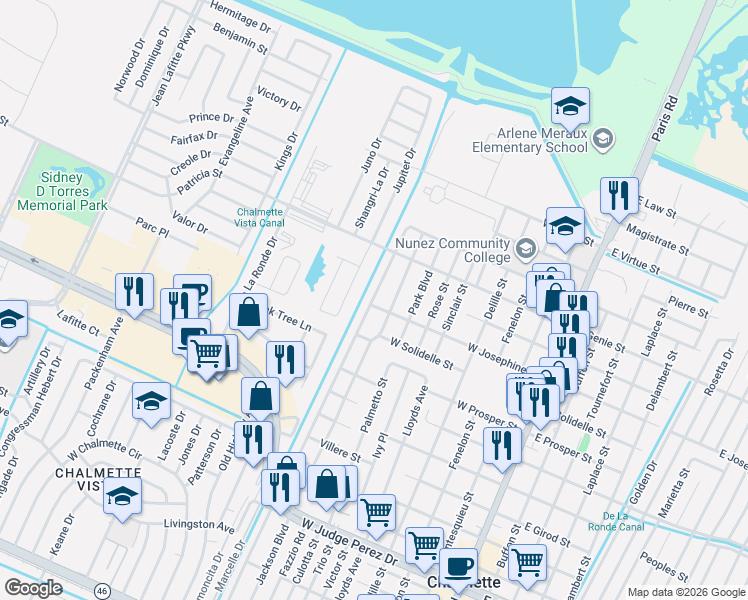 map of restaurants, bars, coffee shops, grocery stores, and more near 3411 Pakenham Drive in Chalmette