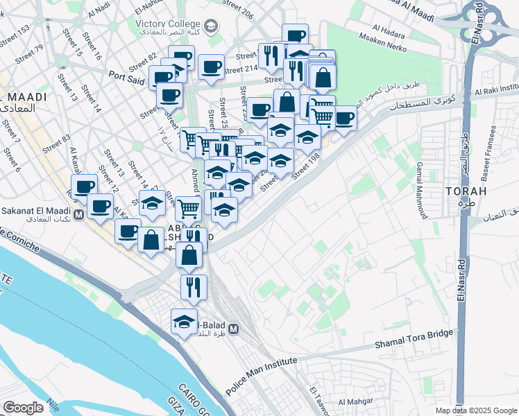 map of restaurants, bars, coffee shops, grocery stores, and more near Street 198 in Al Maadi
