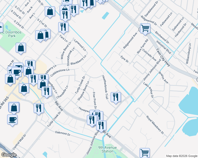 map of restaurants, bars, coffee shops, grocery stores, and more near 4113 Timber Leaf Court in Port Arthur