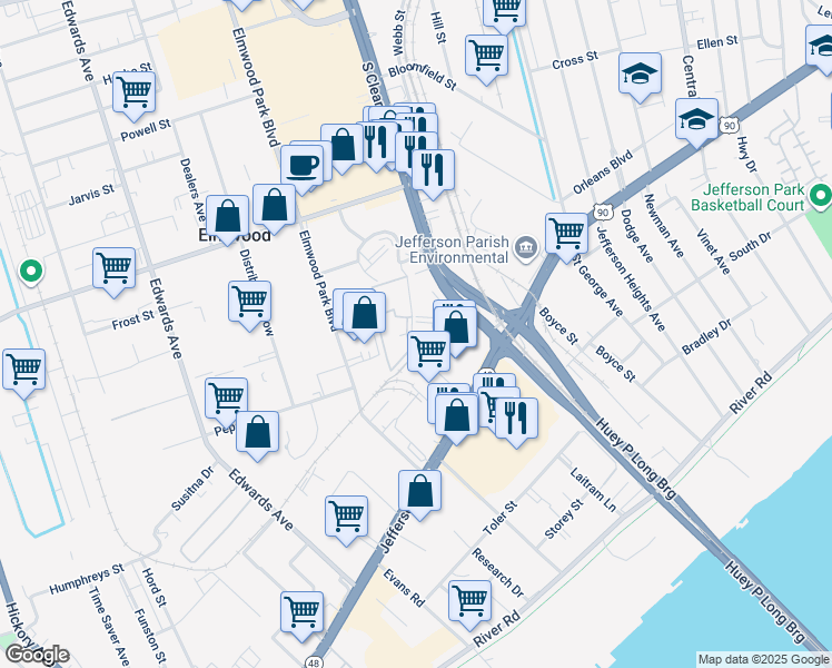 map of restaurants, bars, coffee shops, grocery stores, and more near 880 East Commerce Road in New Orleans