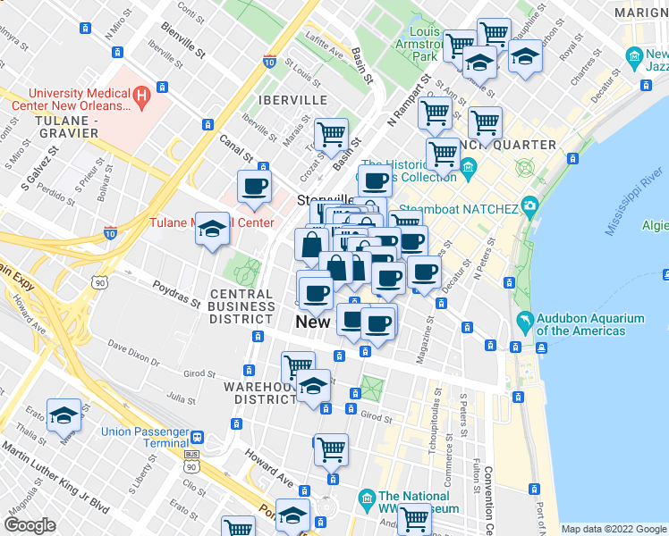 map of restaurants, bars, coffee shops, grocery stores, and more near Baronne St & Common St in New Orleans