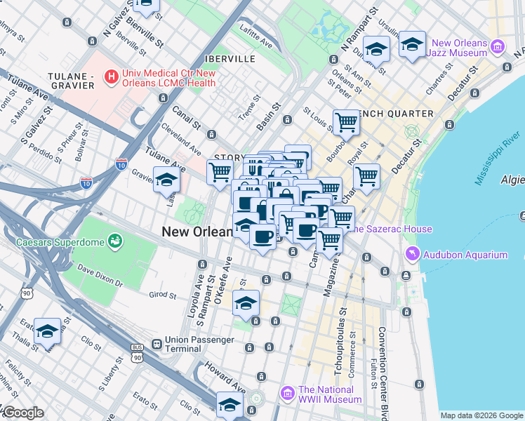 map of restaurants, bars, coffee shops, grocery stores, and more near 817 Common Street in New Orleans