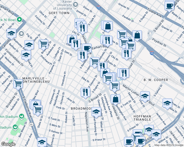 map of restaurants, bars, coffee shops, grocery stores, and more near 1613 South Salcedo Street in New Orleans